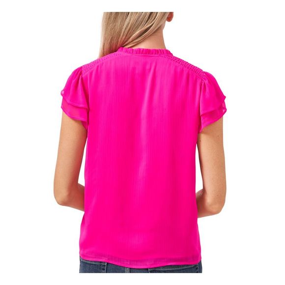 CECE Womens Pink Smocked Textured Flutter Sleeve Tie Neck Party Top XS - Picture 2 of 4